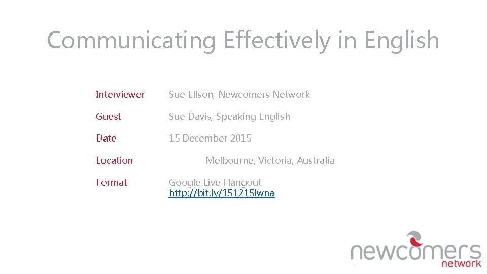 Communicating Effectively in English Interviewer Sue Ellson, Newcomers Network Guest Sue Davis, Speaking English