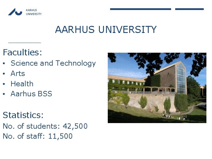 AARHUS UNIVERSITY Faculties: • • Science and Technology Arts Health Aarhus BSS Statistics: No.