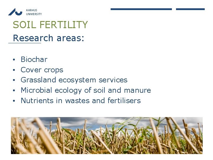 AARHUS UNIVERSITY SOIL FERTILITY Research areas: • • • Biochar Cover crops Grassland ecosystem