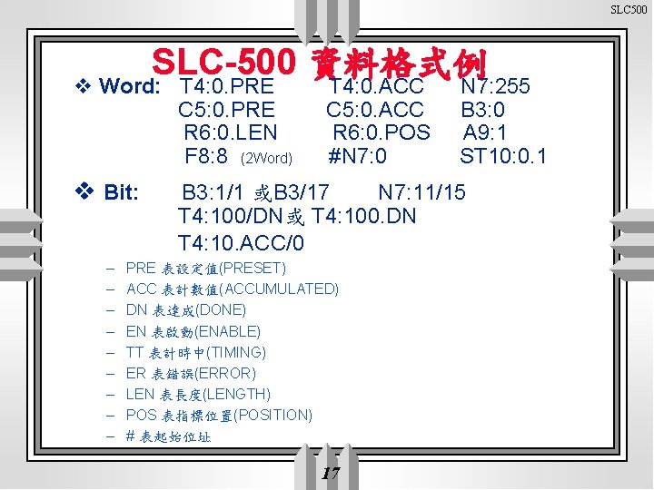 SLC 500 SLC-500 資料格式例 v Word: T 4: 0. PRE C 5: 0. PRE