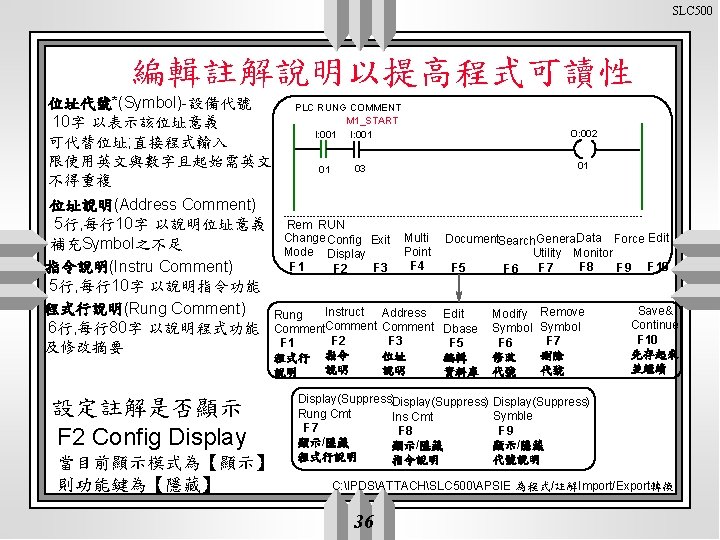 SLC 500 編輯註解說明以提高程式可讀性 位址代號*(Symbol)-設備代號 10字 以表示該位址意義 可代替位址; 直接程式輸入 限使用英文與數字且起始需英文 不得重複 位址說明(Address Comment) 5行, 每行10字