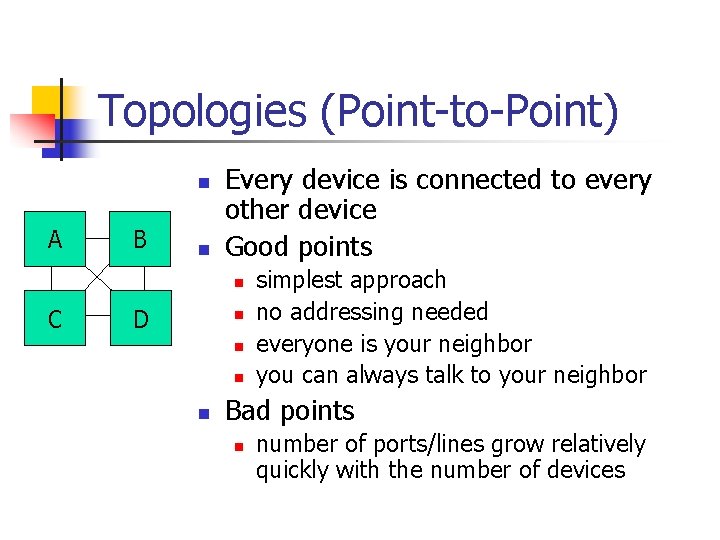 Topologies (Point-to-Point) n A B n Every device is connected to every other device