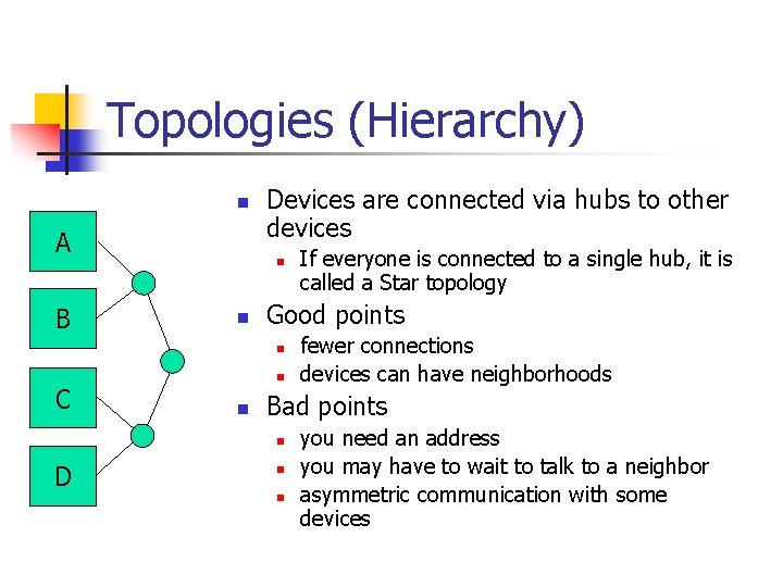 Topologies (Hierarchy) n A B Devices are connected via hubs to other devices n