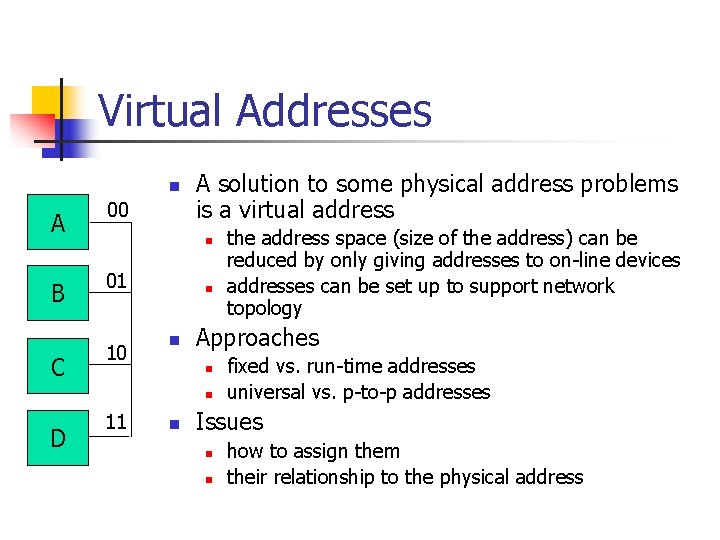 Virtual Addresses n A B C 00 A solution to some physical address problems
