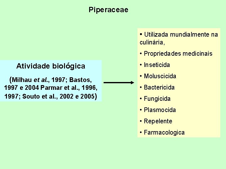 Piperaceae • Utilizada mundialmente na culinária, • Propriedades medicinais Atividade biológica • Inseticida (Milhau