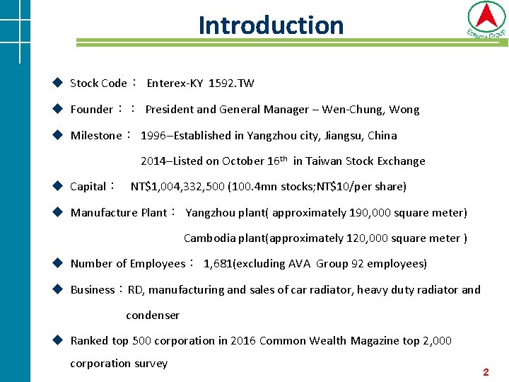 Introduction u Stock Code: Enterex-KY 1592. TW u Founder:: President and General Manager – Introduction u Stock Code: Enterex-KY 1592. TW u Founder:: President and General Manager –
