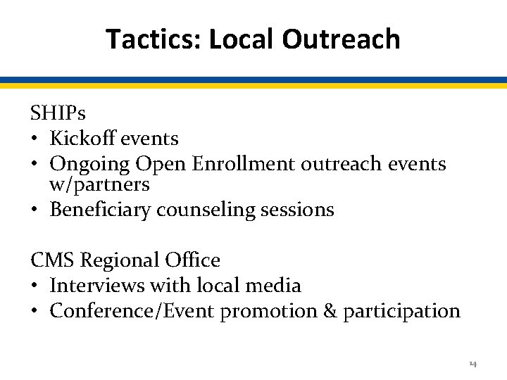 Tactics: Local Outreach SHIPs • Kickoff events • Ongoing Open Enrollment outreach events w/partners