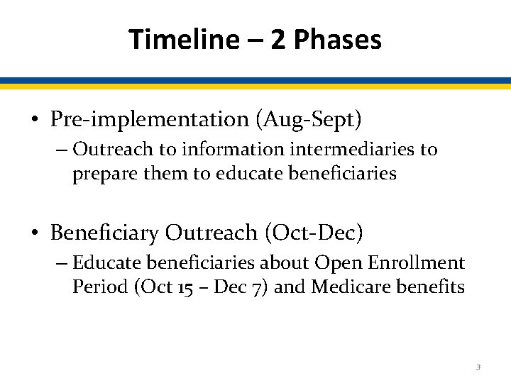 Timeline – 2 Phases • Pre-implementation (Aug-Sept) – Outreach to information intermediaries to prepare