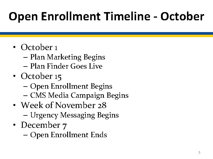 Open Enrollment Timeline - October • October 1 – Plan Marketing Begins – Plan