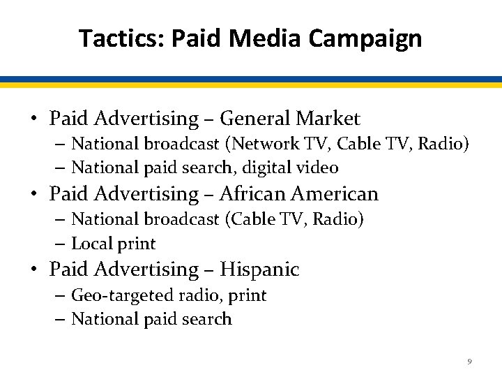 Tactics: Paid Media Campaign • Paid Advertising – General Market – National broadcast (Network