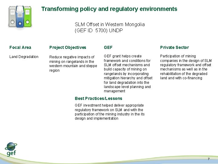 Transforming policy and regulatory environments SLM Offset in Western Mongolia (GEF ID 5700) UNDP