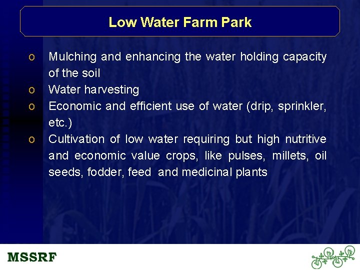 Low Water Farm Park o o Mulching and enhancing the water holding capacity of