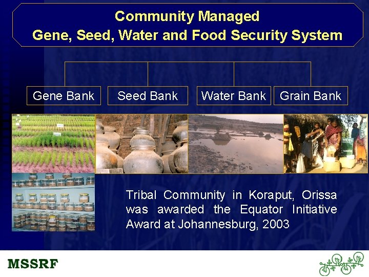 Community Managed Gene, Seed, Water and Food Security System Gene Bank Seed Bank Water