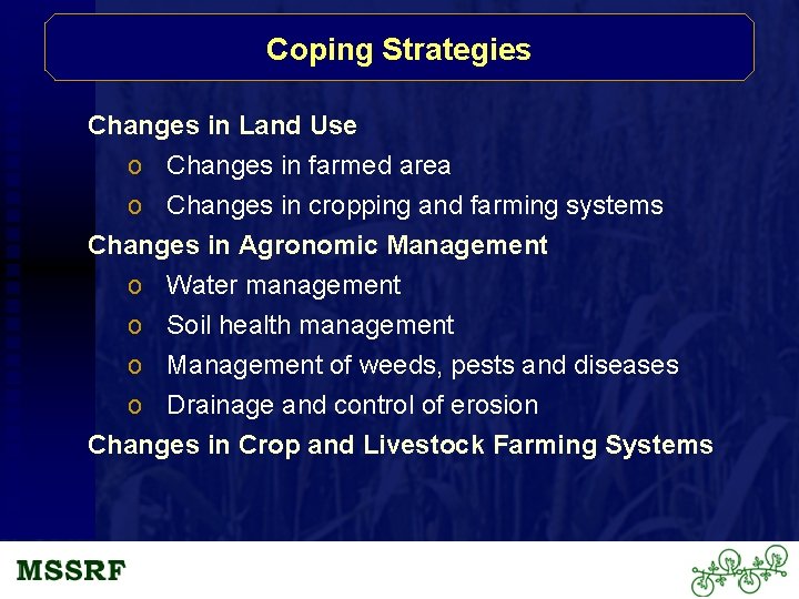 Coping Strategies Changes in Land Use o Changes in farmed area o Changes in