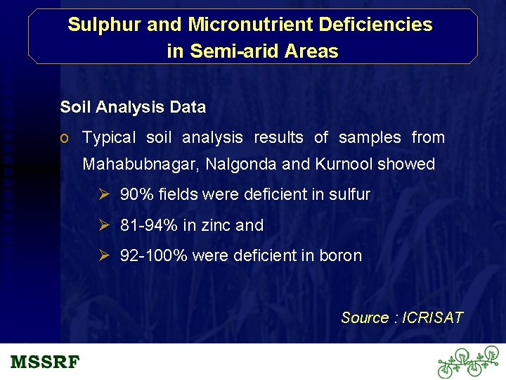Sulphur and Micronutrient Deficiencies in Semi-arid Areas Soil Analysis Data o Typical soil analysis