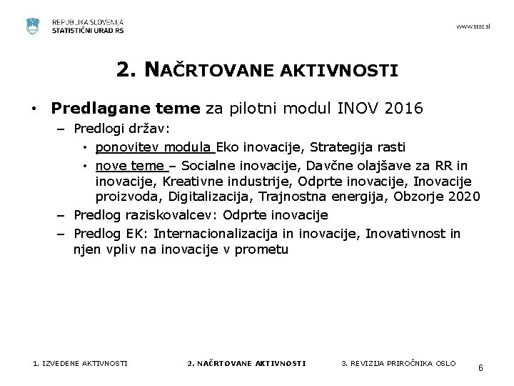 2. NAČRTOVANE AKTIVNOSTI • Predlagane teme za pilotni modul INOV 2016 – Predlogi držav: