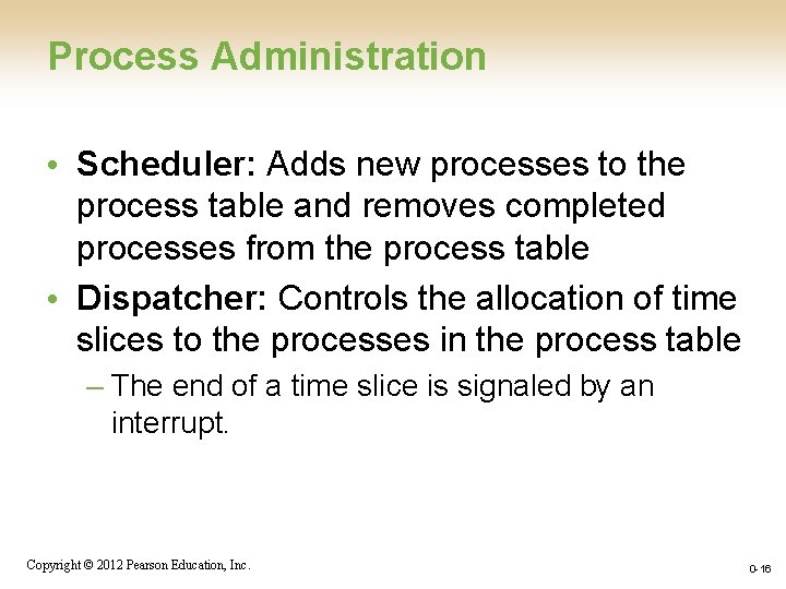 Process Administration • Scheduler: Adds new processes to the process table and removes completed