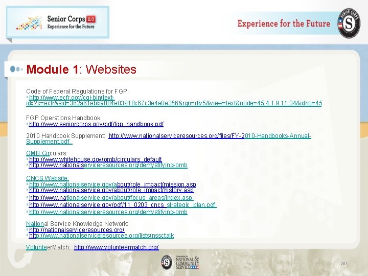 Module 1: Websites Code of Federal Regulations for FGP: §http: //www. ecfr. gov/cgi-bin/textidx? c=ecfr&sid=362