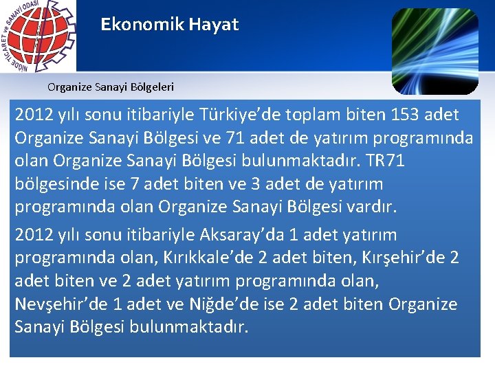 Ekonomik Hayat Organize Sanayi Bölgeleri 2012 yılı sonu itibariyle Türkiye’de toplam biten 153 adet