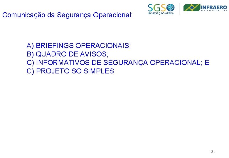 Comunicação da Segurança Operacional: A) BRIEFINGS OPERACIONAIS; B) QUADRO DE AVISOS; C) INFORMATIVOS DE