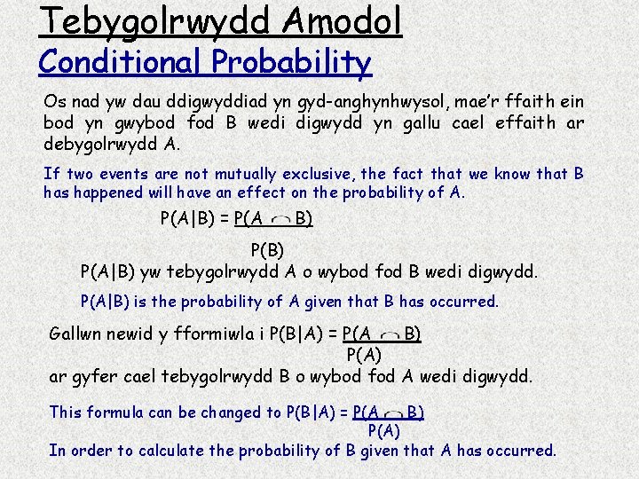 Tebygolrwydd Amodol Conditional Probability Os nad yw dau ddigwyddiad yn gyd-anghynhwysol, mae’r ffaith ein