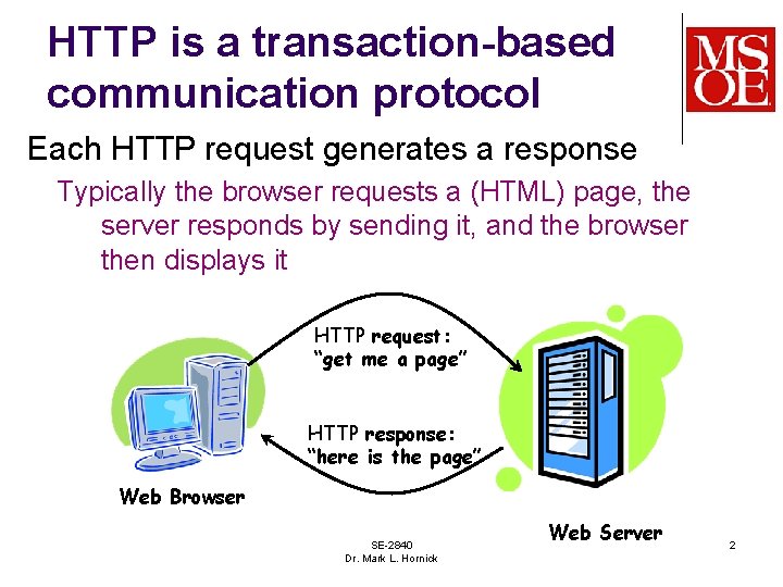 HTTP is a transaction-based communication protocol Each HTTP request generates a response Typically the