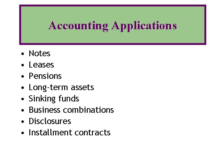 Accounting Applications • • Notes Leases Pensions Long-term assets Sinking funds Business combinations Disclosures