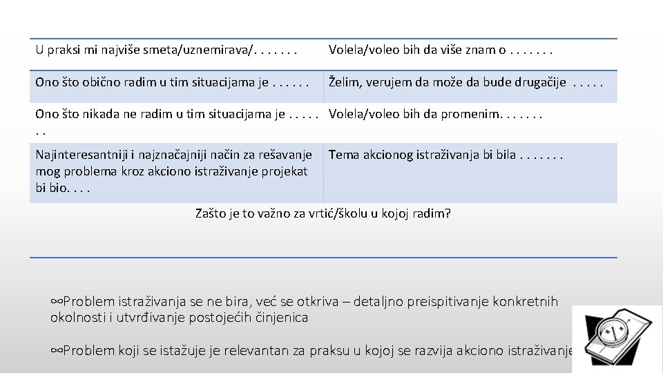 U praksi mi najviše smeta/uznemirava/. . . . Volela/voleo bih da više znam o.