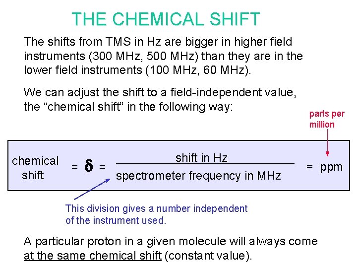 THE CHEMICAL SHIFT The shifts from TMS in Hz are bigger in higher field