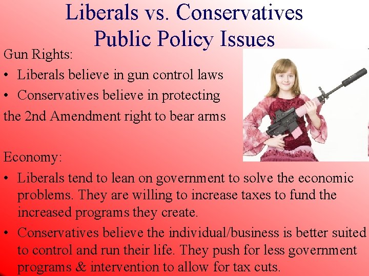 Liberals vs. Conservatives Public Policy Issues Gun Rights: • Liberals believe in gun control