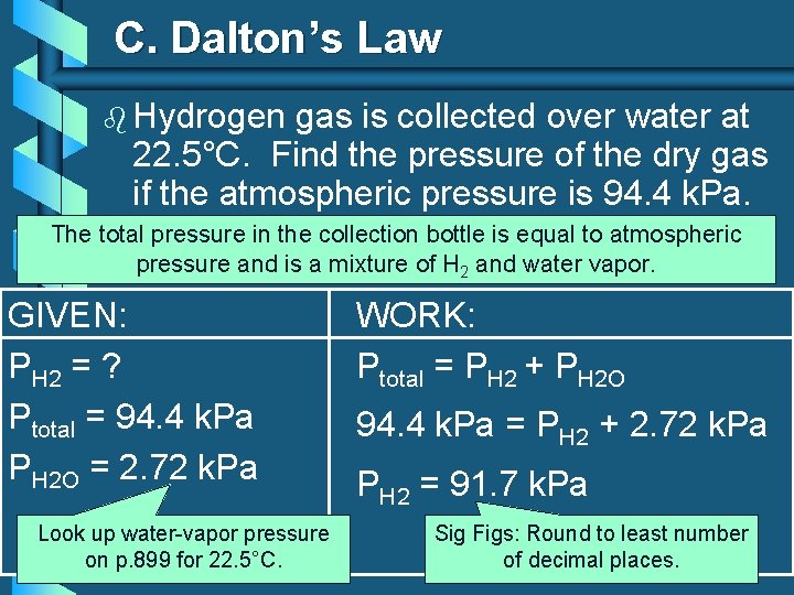 C. Dalton’s Law b Hydrogen gas is collected over water at 22. 5°C. Find