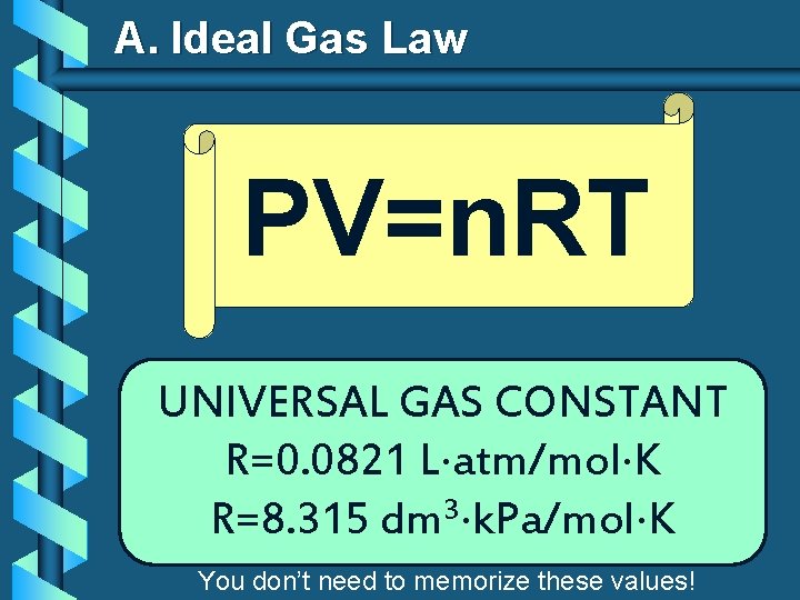 A. Ideal Gas Law PV=n. RT UNIVERSAL GAS CONSTANT R=0. 0821 L atm/mol K