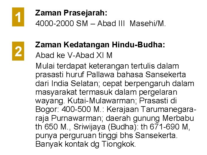 1 Zaman Prasejarah: 4000 -2000 SM – Abad III Masehi/M. 2 Zaman Kedatangan Hindu-Budha: