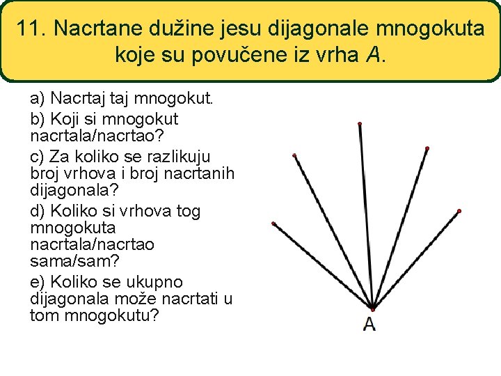 11. Nacrtane dužine jesu dijagonale mnogokuta koje su povučene iz vrha A. a) Nacrtaj