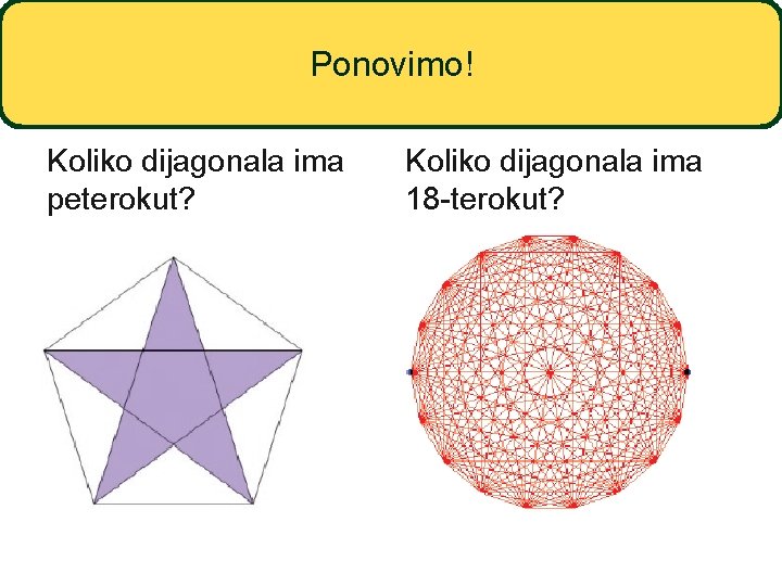 Ponovimo! Koliko dijagonala ima peterokut? Koliko dijagonala ima 18 -terokut? 