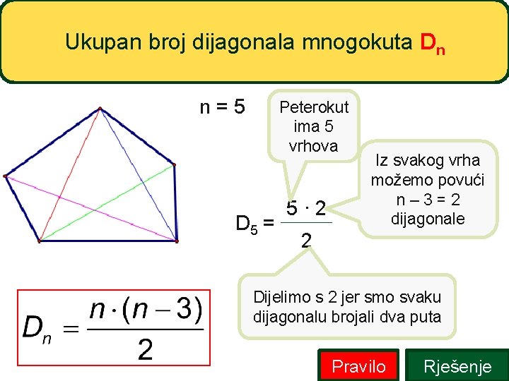 Ukupan broj dijagonala mnogokuta Dn n=5 Peterokut ima 5 vrhova D 5 = 5∙