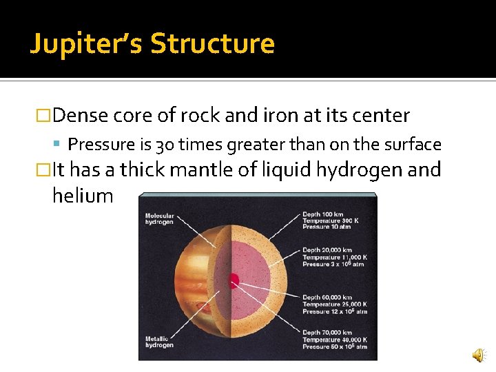 Jupiter’s Structure �Dense core of rock and iron at its center Pressure is 30