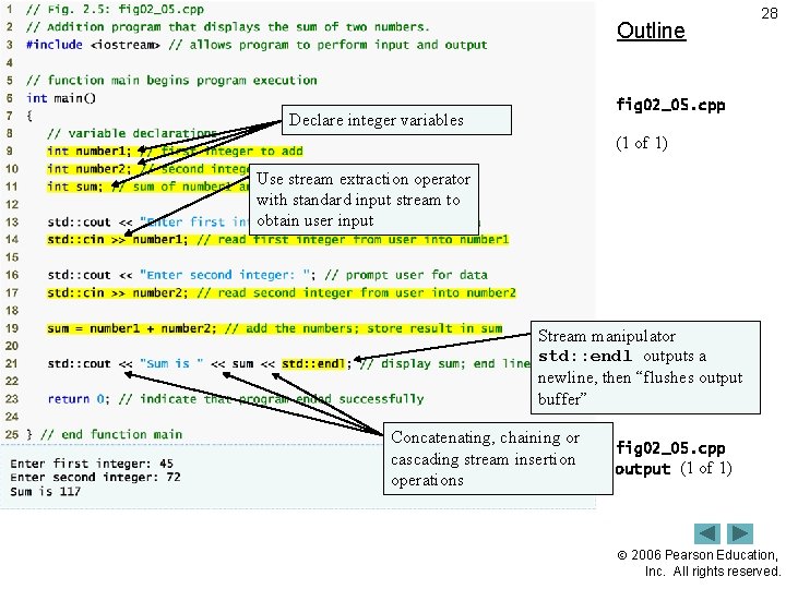 Outline 28 fig 02_05. cpp Declare integer variables (1 of 1) Use stream extraction