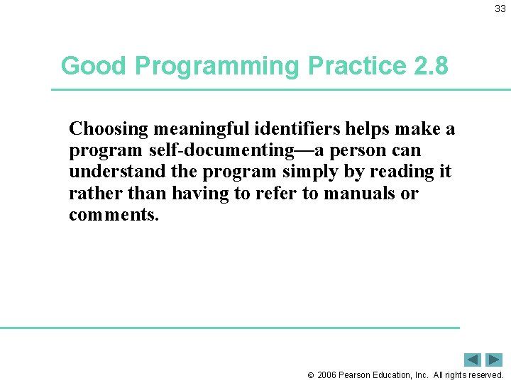 33 Good Programming Practice 2. 8 Choosing meaningful identifiers helps make a program self