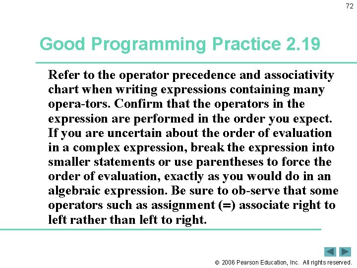 72 Good Programming Practice 2. 19 Refer to the operator precedence and associativity chart