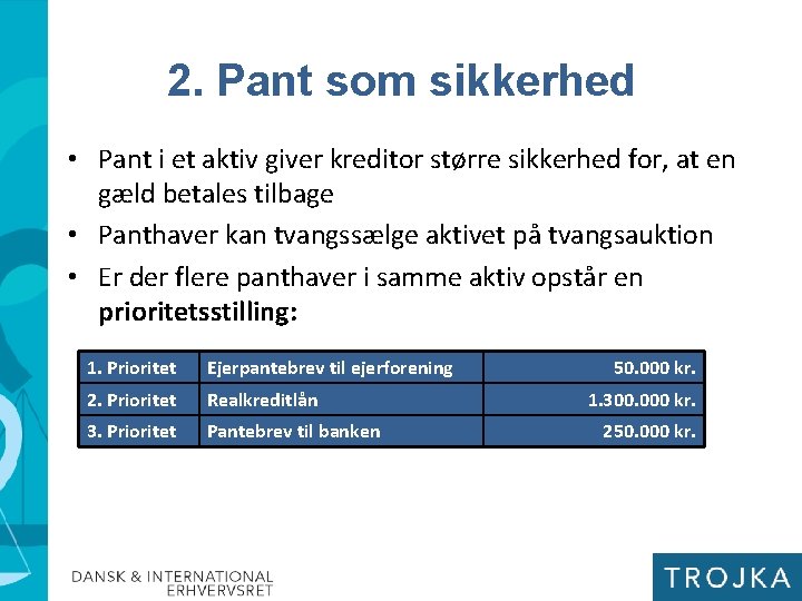 2. Pant som sikkerhed • Pant i et aktiv giver kreditor større sikkerhed for,