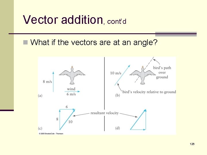 Vector addition, cont’d n What if the vectors are at an angle? 126 