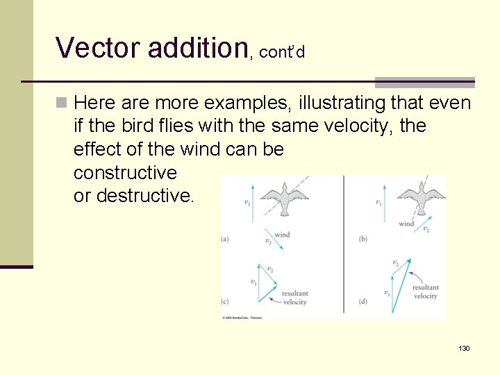 Vector addition, cont’d n Here are more examples, illustrating that even if the bird