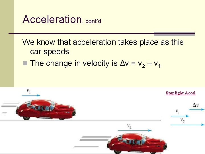 Acceleration, cont’d We know that acceleration takes place as this car speeds. n The