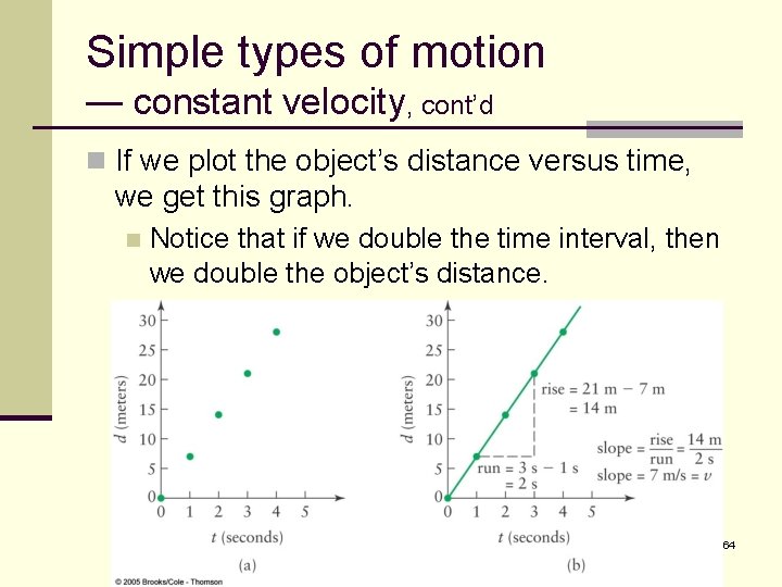 Simple types of motion — constant velocity, cont’d n If we plot the object’s