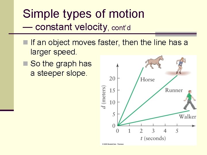 Simple types of motion — constant velocity, cont’d n If an object moves faster,