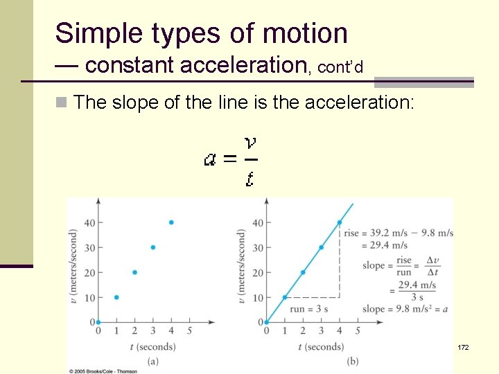 Simple types of motion — constant acceleration, cont’d n The slope of the line