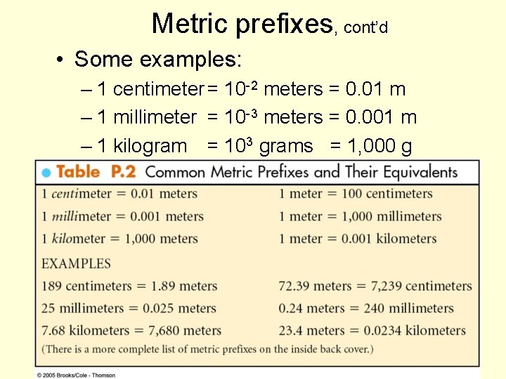 Metric prefixes, cont’d • Some examples: – 1 centimeter = 10 -2 meters =