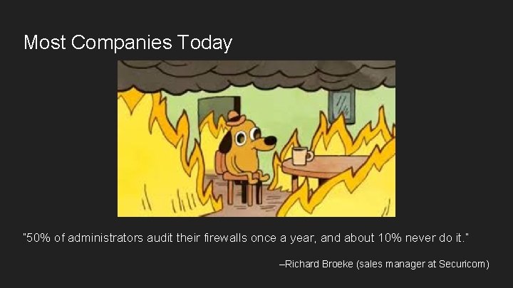 Most Companies Today “ 50% of administrators audit their firewalls once a year, and
