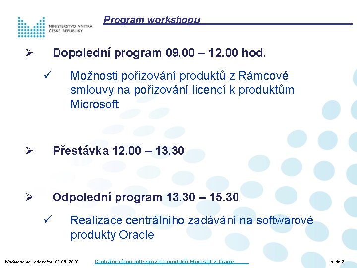 Program workshopu Ø Dopolední program 09. 00 – 12. 00 hod. ü Možnosti pořizování